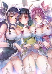 Rule 34 | 3girls, animal ears, arashio (azur lane), arm garter, azur lane, blush, breasts, cheshire (azur lane), cheshire (azur lane) (cosplay), cleavage cutout, clothing cutout, commission, cosplay, detached sleeves, dress, fake animal ears, frilled dress, frilled hairband, frilled headband, frills, garter belt, garter straps, green dress, hairband, highres, imo bouya, large breasts, layered dress, lifting own clothes, long hair, long ribbon, looking at viewer, maid headdress, michishio (azur lane), multiple girls, ooshio (azur lane), panties, pink dress, pink hair, pixiv commission, puffy detached sleeves, puffy sleeves, purple dress, purple hair, red eyes, thighhighs, two-tone dress, underwear, white dress, white legwear, white panties, wrist cuffs, yellow eyes