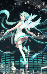 Rule 34 | 1girl, aqua hair, beamed quavers, dress, gloves, green eyes, hatsune miku, headphones, highres, linfi-muu, long hair, looking back, md5 mismatch, musical note, open mouth, panties, simple background, solo, striped clothes, striped panties, thighhighs, treble clef, twintails, underwear, very long hair, vocaloid, wings