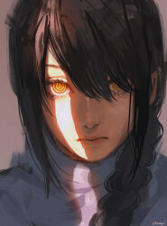 Rule 34 | 1girl, black hair, braid, chainsaw man, champi, close-up, closed eyes, closed mouth, duplicate, hair over one eye, highres, long hair, looking at viewer, nayuta (chainsaw man), pixel-perfect duplicate, portrait, red eyes, ringed eyes, sidelocks, simple background, single braid, solo, sunlight, swept bangs, yellow eyes