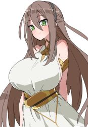 Rule 34 | 1girl, adele (fate), akitokage, armlet, bare shoulders, blush, braid, breasts, brown hair, crown braid, dress, fate/grand order, fate (series), large breasts, long hair, looking at viewer, smile, solo, underbust, white dress