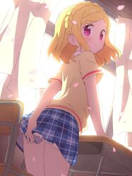 Rule 34 | 1girl, arm behind back, backlighting, bad id, bad pixiv id, blonde hair, blue skirt, blush, braid, chair, classroom, closed mouth, commentary request, covering privates, crown braid, curtains, desk, embarrassed, falling petals, from behind, hand on own ass, highres, ikzw, indoors, looking at viewer, looking back, midorikaze fuwari, miniskirt, paprika private academy school uniform, petals, plaid, plaid skirt, pleated skirt, pretty series, pripara, purple eyes, school chair, school desk, school uniform, short hair, short sleeves, skirt, solo, standing, swept bangs, vest, window, yellow vest