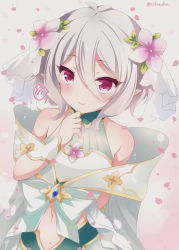 Rule 34 | 1girl, antenna hair, arm behind back, bad id, bad pixiv id, bare shoulders, blush, bow, closed mouth, commentary request, flower, gradient background, grey background, grey hair, hair between eyes, hair flower, hair ornament, hair ribbon, hand up, ichiyou moka, kokkoro (princess) (princess connect!), kokkoro (princess connect!), looking at viewer, navel, petals, pink background, pink flower, pointy ears, princess connect!, red eyes, ribbon, sleeveless, smile, solo, spoken blush, twitter username, white bow, white ribbon