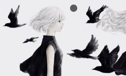 Rule 34 | 1girl, bad id, bad twitter id, bird, black bird, black eyes, circle, expressionless, from side, original, profile, shirone (coxo ii), short hair, simple background, sleeveless, solo, upper body, white background, white hair, wind