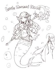 Rule 34 | breasts, bubble, english text, fins, full body, greyscale, hand up, head fins, holding, holding staff, jewelry, league of legends, long hair, looking at viewer, medium breasts, mermaid, momoko (momopoco), monochrome, monster girl, nami (league of legends), navel, raised eyebrows, scales, smile, staff, star ornament