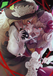 Rule 34 | 2girls, ascot, blonde hair, bow, brown headwear, brown skirt, brown vest, cross, crystal, flandre scarlet, frilled hat, frilled shirt collar, frills, hat, hat feather, hat ribbon, highres, holding, holding cross, ishikawa sparerib, jacket girl (dipp), laevatein (touhou), long hair, medium hair, mob cap, multiple girls, open mouth, puffy short sleeves, puffy sleeves, red bow, red eyes, red ribbon, red skirt, red vest, ribbon, shirt, short sleeves, skirt, touhou, vest, wavy hair, white shirt, wings, yellow ascot