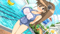 Rule 34 | 1girl, ahoge, arms behind back, bare shoulders, blurry, blurry background, blush, breasts, brown eyes, brown hair, cameltoe, cleavage, cleft of venus, closed mouth, covered navel, dutch angle, embarrassed, female focus, groin, high ponytail, highres, huge breasts, innertube, legs, long hair, looking at viewer, makarou, matching hair/eyes, nose blush, one-piece swimsuit, outdoors, ponytail, pool, pussy, solo, standing, swim ring, swimsuit, taneshima popura, thighs, water, working!!