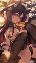 Rule 34 | 1girl, all fours, animal ear fluff, animal ears, bell, belt, bikini, black belt, black gloves, black hair, black panties, black thighhighs, blurry, blurry background, bow, bow legwear, breasts, cameltoe, capelet, cat ears, cat girl, cat tail, christmas, christmas tree, fur-trimmed bikini, fur-trimmed capelet, fur-trimmed gloves, fur-trimmed skirt, fur trim, gift, gloves, green bow, hair ornament, highres, holding, holding gift, holly, holly hair ornament, hood, hood up, knees together feet apart, large breasts, long hair, looking at viewer, micro bikini, navel, open mouth, original, panties, red bikini, red skirt, side ponytail, skirt, solo, string bikini, string of light bulbs, swimsuit, tail, thighhighs, underwear, yoruneko