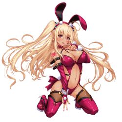 Rule 34 | 1girl, animal ears, bare shoulders, blonde hair, blush, boots, breasts, bridal gauntlets, commentary request, fake animal ears, full body, hairband, highres, kneeling, large breasts, leotard, long hair, looking at viewer, mole, mole on breast, nail polish, navel, original, parted lips, pink footwear, pink hairband, playboy bunny, rabbit ears, red eyes, sakiyamama, simple background, smile, solo, thigh boots, thighs, white background