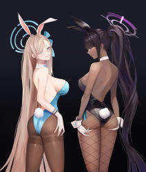 Rule 34 | 2girls, absurdres, animal ears, ass, ass support, asuna (blue archive), asuna (bunny) (blue archive), bare shoulders, black background, black hair, black leotard, blue archive, blue eyes, blue leotard, blush, breasts, butt crack, choco bear, cowboy shot, dark-skinned female, dark skin, detached collar, elbow gloves, fake animal ears, fishnet legwear, fishnets, gloves, hair over one eye, highleg, highleg leotard, highres, karin (blue archive), karin (bunny) (blue archive), large breasts, leotard, light brown hair, long hair, looking at viewer, mole, mole on breast, multiple girls, pantyhose, playboy bunny, ponytail, rabbit ears, rabbit tail, sideboob, sidelocks, smile, tail, thighs, white gloves, yellow eyes