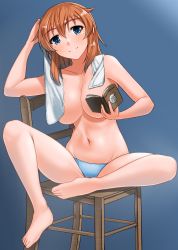 Rule 34 | 1girl, blue background, blue eyes, blue panties, blush, book, breasts, brown hair, chair, charlotte e. yeager, closed mouth, collarbone, convenient censoring, groin, highres, hiroshi (hunter-of-kct), large breasts, looking at viewer, navel, on chair, panties, simple background, sitting, smile, solo, strike witches, topless, towel, underwear, underwear only, world witches series