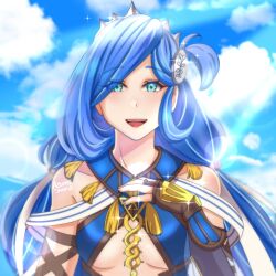 Rule 34 | 1girl, artist name, azumishard, blue hair, cloud, crown, dana (ys), elbow gloves, gloves, highres, light rays, long hair, looking at viewer, outdoors, portrait, sky, smile, solo, swept bangs, ys, ys viii lacrimosa of dana
