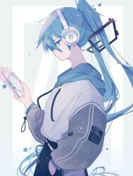 Rule 34 | 1girl, ahoge, aqua eyes, aqua hair, black pants, blue eyes, blue hair, cd, cd case, commentary, drawstring, expressionless, from side, grey sleeves, hair ornament, hand in pocket, hatsune miku, headphones, highres, holding cd, hood, hooded jacket, jacket, long hair, looking at object, looking down, number background, pants, paper, puffy sleeves, ringed eyes, solo, twintails, upper body, very long hair, vocaloid, wanaxtuco, white jacket