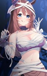 Rule 34 | 1girl, :d, absurdres, animal ears, bandaged arm, bandaged hand, bandaged head, bandages, bat (animal), blue eyes, blurry, blurry background, blush, breasts, brown hair, brown skirt, choker, cleavage, closed mouth, commentary, cowboy shot, hands up, highres, horse ears, large breasts, long hair, looking at viewer, navel, open mouth, primamiya, skirt, smile, solo, super creek (chiffon ribbon mummy) (umamusume), super creek (umamusume), super crown, tongue, tongue out, umamusume