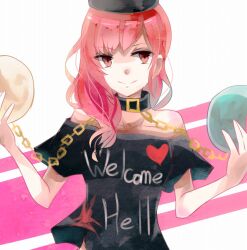 Rule 34 | 1girl, aridamikannn, black shirt, chain, closed mouth, clothes writing, collar, collarbone, diagonal stripes, english text, heart, heart print, hecatia lapislazuli, light smile, long hair, looking at viewer, off-shoulder shirt, off shoulder, print shirt, red eyes, red hair, shirt, short sleeves, smile, solo, striped, striped background, t-shirt, touhou, upper body, white background