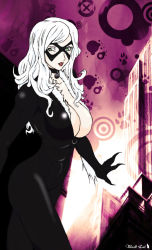 Rule 34 | 1girl, black cat (marvel), bodysuit, breasts, choker, claws, cleavage, felicia hardy, green eyes, highres, large breasts, lipstick, makeup, supernova (artist), white hair