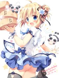 Rule 34 | 1girl, :d, ahoge, angel wings, ass, baozi, black ribbon, blonde hair, blue bow, blue bowtie, blue eyes, blue skirt, blush, bow, bowtie, carrying, character name, commentary request, dated, double bun, flower, flower knot, food, grey thighhighs, hair bun, hair flower, hair ornament, hair ribbon, happy birthday, looking at viewer, looking back, nail polish, no panties, open mouth, original, pan (mimi), panda, red nails, ribbon, short sleeves, sidelocks, skirt, smile, solo, star (symbol), steam, tabard, thighhighs, white background, wings, wrist cuffs