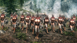 Rule 34 | 3d, 6+girls, armor, breasts, breasts out, highres, large breasts, multiple girls, naked armor, nude filter, sandals, the elder scrolls, the elder scrolls v: skyrim, third-party edit, weapon