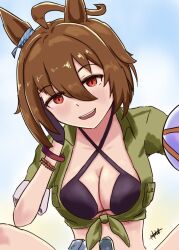 Rule 34 | 1girl, :d, agnes tachyon (lunatic lab) (umamusume), agnes tachyon (umamusume), ahoge, animal ears, bikini, black bikini, black gloves, breasts, brown hair, cleavage, criss-cross halter, empty eyes, fukahire soup, gloves, green jacket, hair between eyes, halterneck, horse ears, horse girl, jacket, looking at viewer, medium breasts, messy hair, official alternate costume, open mouth, red eyes, short hair, signature, sitting, smile, solo, swimsuit, tied jacket, umamusume