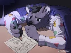 Rule 34 | 1boy, absurdres, arknights, black background, black claws, chinese commentary, claws, desk, drawing, furry, furry male, grey fur, highres, holding, holding pencil, hyena boy, hyena ears, lamp, pajamas, pencil, spot (arknights), sword, weapon, weibo logo, weibo watermark, xian goutou hz