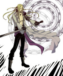 Rule 34 | 1boy, basil hawkins, blonde hair, boots, facial mark, full body, long hair, male focus, one piece, open clothes, open shirt, sash, shirt, solo, standing, sword, tattoo, weapon