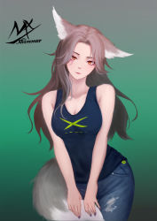 Rule 34 | 1girl, animal ears, artist name, bare arms, bare shoulders, black nails, breasts, brown eyes, cleavage, collarbone, denim, gradient background, green background, grey hair, highres, jeans, jewelry, long hair, looking at viewer, medium breasts, nail polish, original, pants, shimmer, signature, solo, tail, tank top, torn clothes, torn jeans, torn pants, v arms, wolf ears, wolf tail