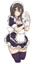 Rule 34 | 1girl, :&lt;, absurdres, adjusting clothes, adjusting gloves, alternate costume, apron, black dress, black hair, black thighhighs, blue ribbon, blush, closed mouth, collarbone, commentary request, cropped legs, dress, enmaided, frilled hairband, frills, gloves, green eyes, hair between eyes, hair ornament, hairband, hairclip, highres, kantai collection, long hair, maid, maid apron, maid headdress, neck ribbon, one-hour drawing challenge, oyashio (kancolle), revision, ribbon, ryo (tg290), short sleeves, simple background, solo, thighhighs, white apron, white background, white gloves, white hairband