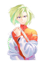 Rule 34 | 1boy, absurdres, androgynous, green hair, hand up, highres, kurokiseow, lio fotia, long sleeves, looking at viewer, parted lips, promare, purple eyes, short hair, simple background, smile, solo, upper body, white background