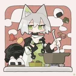Rule 34 | 1girl, 1other, = =, animal, animal ear fluff, animal ears, arknights, black hood, blush, border, bowl, broccoli, cat ears, cat girl, chibi, commentary, cooking pot, doctor (arknights), dress, excited, fish, food, green dress, green eyes, highres, holding, holding animal, holding fish, holding ladle, hood, jacket, kal&#039;tsit (arknights), kdmr0402, ladle, long sleeves, looking at viewer, mask, omelet, onigiri, sausage, short hair, signature, steam, stove, symbol-only commentary, tamagoyaki, watch, white hair, white jacket, wristwatch
