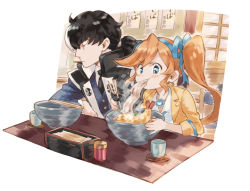Rule 34 | 1boy, 1girl, ace attorney, athena cykes, black hair, black necktie, blue eyes, bowl, chopsticks, cup, eating, food, jacket, long hair, multicolored hair, necktie, noodles, open clothes, open jacket, orange hair, phoenix wright: ace attorney - dual destinies, ramen, shirt, side ponytail, simon blackquill, swept bangs, table, two-tone hair, white hair, white shirt, yellow jacket, yuu (warm water)