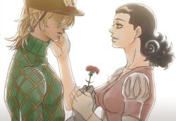 Rule 34 | 1boy, 1girl, backlighting, black hair, blonde hair, carnation, diego brando, flower, from side, gradient background, green shirt, hair slicked back, hand on another&#039;s cheek, hand on another&#039;s face, hat, holding, holding flower, jojo no kimyou na bouken, looking at another, mother and son, mrs. brando (sbr), nora (act2), profile, shaded face, shirt, smile, steel ball run, sweater, transparent, turtleneck, upper body
