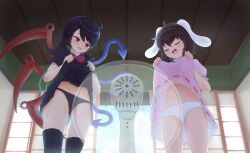 Rule 34 | 2girls, ahoge, animal ears, asymmetrical wings, black dress, black hair, black panties, black thighhighs, blue sky, blue wings, blush, bow, bowtie, ceiling, closed eyes, clothes lift, cloud, commentary request, commission, cowboy shot, dress, dress lift, electric fan, floppy ears, from below, highres, hot, houjuu nue, inaba tewi, indoors, lifted by self, medium bangs, medium hair, multiple girls, open mouth, panties, pink dress, puffy short sleeves, puffy sleeves, rabbit ears, rabbit girl, red bow, red bowtie, red wings, ribbon-trimmed dress, sagen, short dress, short hair, short sleeves, shouji, skeb commission, sky, sliding doors, smile, snake, standing, sweat, thighhighs, touhou, underwear, white panties, wings