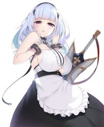 Rule 34 | 1girl, anchor choker, apron, azur lane, black hairband, black skirt, blunt bangs, bracelet, breasts, center frills, chestnut mouth, choker, clothing cutout, commentary request, cowboy shot, dido (azur lane), frilled apron, frilled choker, frills, hairband, half-closed eyes, hand on own chest, highres, jewelry, large breasts, long hair, looking at viewer, maid apron, olive (laai), playing with own hair, purple eyes, sheath, sheathed, shirt, sideboob, sidelocks, silver hair, simple background, skirt, sleeveless, sleeveless shirt, solo, sword, underboob, underboob cutout, waist apron, weapon, white apron, white background, white shirt