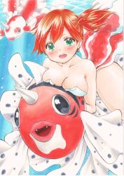 Rule 34 | 1girl, bad id, breasts, cosplay, creatures (company), game freak, gen 1 pokemon, goldeen, goldeen (cosplay), green eyes, highres, misty (pokemon), nintendo, orange hair, pokemon, pokemon (anime), pokemon (classic anime), pokemon ep043, seaking, side ponytail, thighs, underwater, yuuki chima