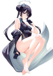 Rule 34 | 1girl, :o, bare legs, barefoot, black dress, black gloves, black jacket, blue archive, blue eyes, breasts, butterfly hair ornament, china dress, chinese clothes, double bun, dragon print, dress, feet, full body, gloves, hair bun, hair ornament, halo, highres, jacket, kisaki (blue archive), long hair, looking at viewer, print dress, ririko (zhuoyandesailaer), simple background, sleeveless, sleeveless dress, small breasts, solo, striped clothes, striped jacket, thighs, toenails, toes, twintails, vertical-striped clothes, vertical-striped jacket, white background