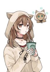 Rule 34 | 1girl, animal hood, berry, black choker, brown eyes, brown hair, brown hoodie, choker, clipe, coffee cup, crossed bangs, cup, disposable cup, drinking, drinking straw, earrings, ears through headwear, food-themed earrings, friend (nanashi mumei), holding, holding cup, hololive, hololive english, hood, hood up, hoodie, hootsie (nanashi mumei), jewelry, long hair, looking at viewer, multicolored hair, nail art, nanashi mumei, nanashi mumei (casual), necklace, official alternate costume, oversized clothes, red shirt, runes, shirt, sleeves past wrists, starbucks, streaked hair, sweater, virtual youtuber, white sweater