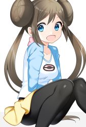 Rule 34 | 1girl, :d, bad id, bad pixiv id, black pantyhose, blue eyes, bow, breasts, brown hair, collarbone, creatures (company), double bun, game freak, hair bun, long hair, looking at viewer, medium breasts, microskirt, nintendo, open mouth, pantyhose, pink bow, pleated skirt, pokemon, pokemon bw2, rosa (pokemon), shiny clothes, shirt, simple background, sitting, skirt, smile, solo, twintails, white background, yellow skirt, yuihico