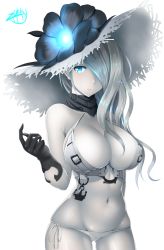 Rule 34 | 10s, 1girl, abyssal ship, bare shoulders, bikini, black gloves, blue eyes, blush, breasts, cleavage, closed mouth, colored skin, cowboy shot, dress, flower, gloves, glowing, hair over one eye, hat, hat flower, kantai collection, kerchief, large breasts, long hair, looking at viewer, pale skin, seaport summer princess, signature, simple background, skindentation, sleeveless, sleeveless dress, smile, solo, standing, straw hat, sundress, swimsuit, underbust, white background, white bikini, white dress, white hair, white hat, white skin, zukky