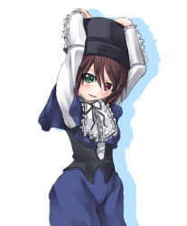 Rule 34 | 00s, 1girl, :d, arms up, asa (swallowtail), blush, collar, cowering, frilled collar, frilled shirt collar, frills, green eyes, hat, heterochromia, long sleeves, looking at viewer, open mouth, red eyes, rozen maiden, short hair, simple background, smile, solo, souseiseki, swallowtail, top hat, white background