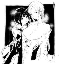 Rule 34 | 2girls, alp, bare shoulders, blunt bangs, blush, breasts, greyscale, hair ornament, highres, large breasts, long hair, looking at viewer, monochrome, multiple girls, off shoulder, original, parted bangs, parted lips, short hair, sidelocks, smile, sweat, upper body