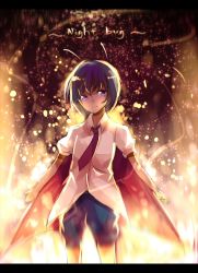 Rule 34 | 1girl, backlighting, cape, character name, english text, glowing, green hair, highres, letterboxed, necktie, purple eyes, short hair, short sleeves, shorts, sketch, smile, solo, sunyuqian, touhou, wriggle nightbug