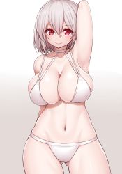 Rule 34 | 1girl, arm behind back, arm behind head, arm up, armpits, asamura hiori, azur lane, bare shoulders, bikini, blush, breasts, choker, cleavage, closed mouth, collarbone, commentary request, cowboy shot, gluteal fold, gradient background, grey background, groin, hair between eyes, highres, large breasts, looking at viewer, midriff, navel, red eyes, revision, shiny skin, short hair, sidelocks, simple background, sirius (azur lane), skindentation, smile, solo, standing, swimsuit, thighs, white background, white bikini, white choker, white hair, white theme