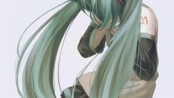 Rule 34 | 1girl, aqua hair, bad id, bad twitter id, bare shoulders, black skirt, close-up, commentary request, covering face, detached sleeves, grey background, grey shirt, hair over eyes, hands on own face, hands up, hatsune miku, leaning forward, long hair, muted color, number tattoo, pleated skirt, realistic, romaji commentary, shirt, shoulder tattoo, simple background, skirt, sleeveless, sleeveless shirt, solo, straight hair, tattoo, torla16, twintails, upper body, very long hair, vocaloid