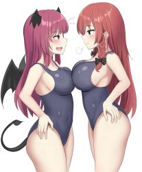 Rule 34 | 2girls, :3, :d, absurdres, alternate costume, ass, asymmetrical docking, black bow, black tail, black wings, blue one-piece swimsuit, blush, bow, braid, breast contest, breast press, breasts, breath, cleavage, closed mouth, commentary request, covered navel, demon girl, demon tail, demon wings, eye contact, from side, green eyes, groin, hair bow, half-closed eyes, hand on own hip, head wings, highres, hong meiling, impossible clothes, impossible swimsuit, koakuma, large breasts, long hair, looking at another, multiple girls, new school swimsuit, notice lines, one-piece swimsuit, open mouth, profile, raised eyebrow, red eyes, red hair, school swimsuit, side braids, sideboob, sidelocks, simple background, smile, smirk, straight hair, sweatdrop, swimsuit, tail, thighs, touhou, twin braids, very long hair, white background, wings, youmu-kun