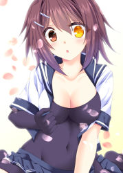 Rule 34 | 1girl, :o, black gloves, black leotard, black sailor collar, black skirt, blush, breasts, brown eyes, brown hair, cleavage, collarbone, elbow gloves, flat chest, furutaka (kancolle), gloves, gradient background, heterochromia, impossible clothes, impossible leotard, kantai collection, leotard, looking at viewer, medium breasts, miniskirt, open clothes, open fly, open mouth, open shirt, pleated skirt, sailor collar, school uniform, serafuku, shirt, short hair, short sleeves, single elbow glove, single glove, skin tight, skirt, solo, tamagawa yukimaru, tareme, undressing, upper body, white shirt, yellow background, yellow eyes