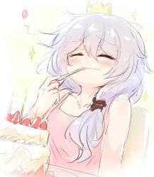 Rule 34 | 1girl, birthday, birthday cake, blush, cake, candle, chair tipping, closed eyes, closed mouth, crown, diaoxian kuangmo, eating, food, food in mouth, food on face, hair between eyes, happy, highres, holding, honkai (series), honkai impact 3rd, messy hair, pink shirt, shirt, side ponytail, sitting, solo, spoon, theresa apocalypse, utensil in mouth, white hair