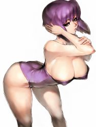 Rule 34 | 1girl, ass, bare shoulders, bent over, breasts, cleavage, covered erect nipples, fumio (rsqkr), ghost in the shell, hand in own hair, highres, kusanagi motoko, large breasts, leotard, looking at viewer, purple hair, short hair, simple background, thick thighs, thighs