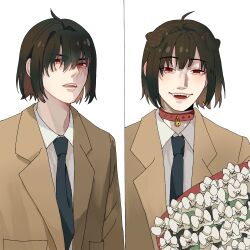 Rule 34 | 1boy, ahoge, animal collar, animal ears, black hair, black necktie, bouquet, brown jacket, chinese commentary, collar, commentary request, dog ears, fangs, flower, highres, jacket, kemonomimi mode, male focus, necktie, open mouth, red collar, red eyes, smile, split screen, spy x family, yoshiki43445590, yuri briar