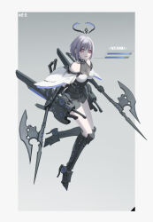 Rule 34 | 1girl, axe, bang dream!, bang dream! it&#039;s mygo!!!!!, black skirt, breasts, cape, character name, chinese commentary, cleavage, commentary request, full body, gradient background, grey background, halo, high heels, highres, holding, holding axe, large breasts, looking at viewer, mechanical halo, mechanical hands, mechanical legs, pink eyes, purple hair, sheath, short hair, skirt, solo, white cape, xukong, yuutenji nyamu