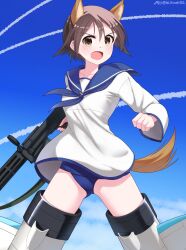 Rule 34 | 1girl, absurdres, blue one-piece swimsuit, blush, breasts, brown eyes, brown hair, contrail, dress, gun, highres, hiroshi (hunter-of-kct), looking at viewer, miyafuji yoshika, one-piece swimsuit, open mouth, rifle, sailor dress, short hair, signature, sky, small breasts, solo, strike witches, striker unit, swimsuit, weapon, world witches series
