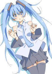Rule 34 | 1girl, :o, black skirt, black thighhighs, blue eyes, blue nails, blue necktie, blush, breasts, detached sleeves, hair between eyes, hair ornament, hatsune miku, long hair, medium breasts, messy hair, n (n45987607), nail polish, necktie, parted lips, pleated skirt, shirt, simple background, skirt, sleeveless, sleeveless shirt, solo, sweat, thighhighs, twintails, very long hair, vocaloid, white background, white shirt